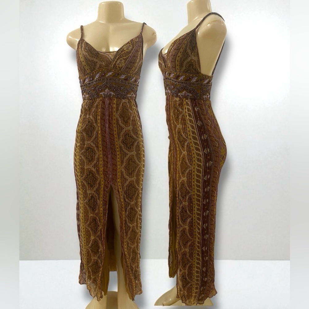 Y2K Vintage Boho Dolce Jovani Silk Beaded Front Slit Earth Tomes Size 4 Dress